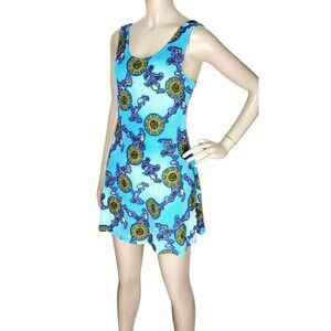 Vintage 90s Y2K Asian Medallion Coin Print Sleeveless Short Mini Dress S/M